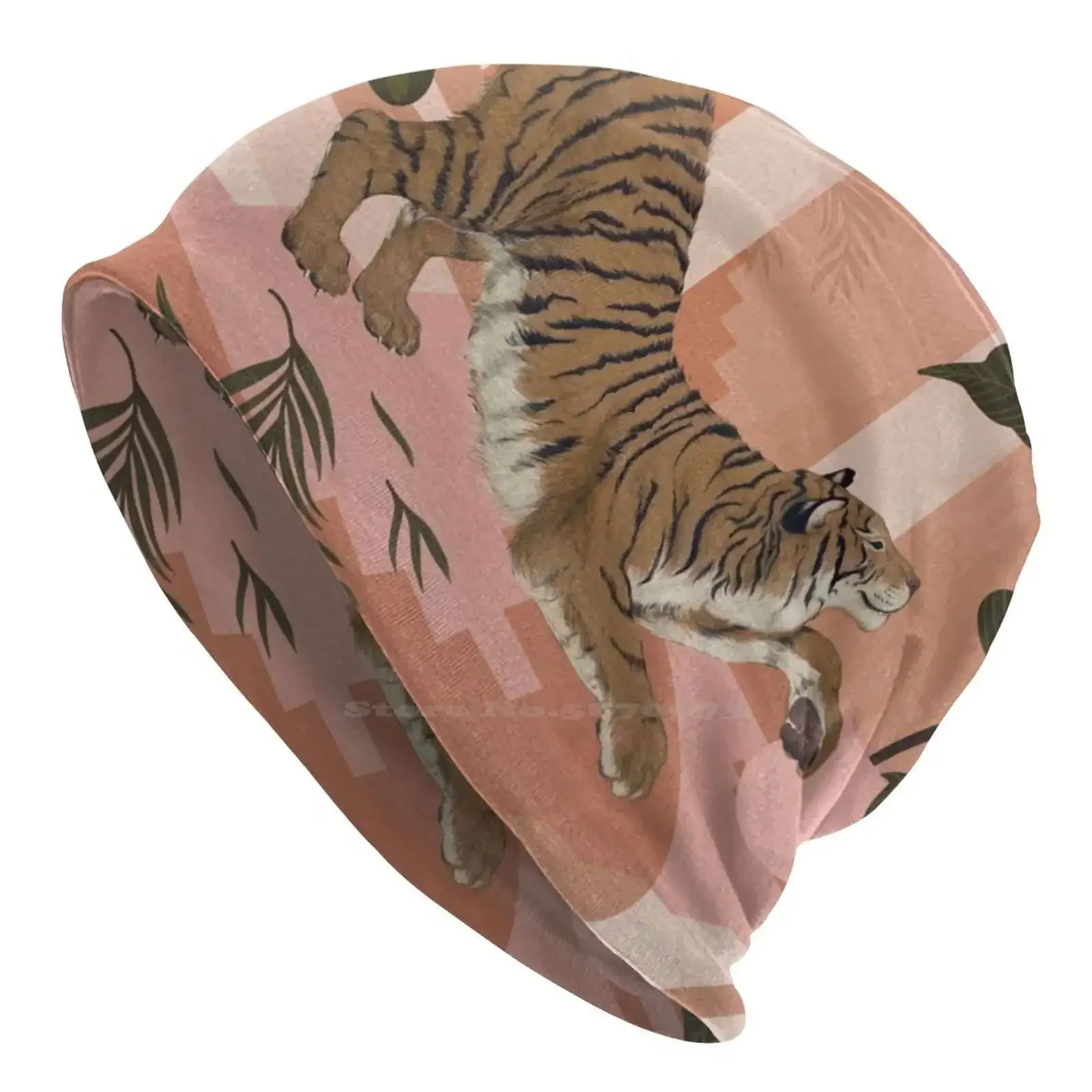 Easy Tiger Knitted Hat Warm Beanie Outdoor Caps Cats Wild Jungle Plants Modern Gouache Rust Pink Boho Tigers Animals Leaves