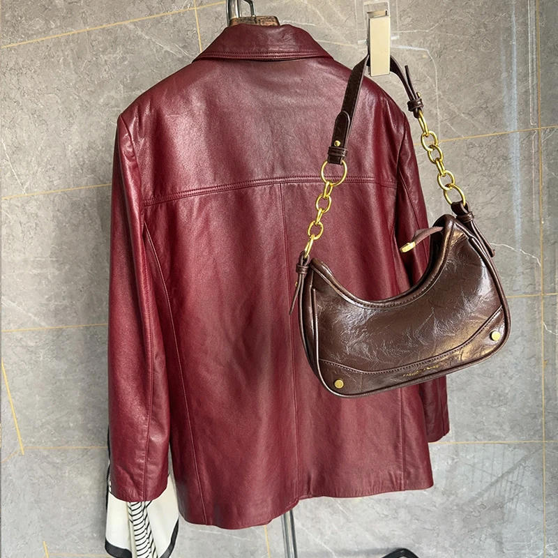 100% Schaffell Frauen Rot Öl Gewachstes Leder Blazer Jacken Hohe Qualität A-ebene Erste Schicht Damen Lose Echt Leder anzug Mäntel