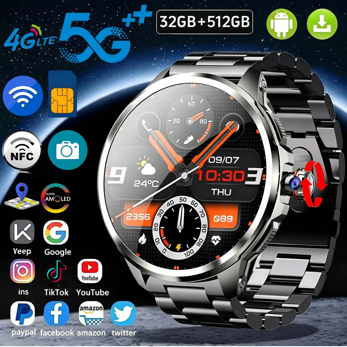 5G/4G Full Network Smart Watch 1.95 inch 720*720 Big Screen HD Video Call 32GB+512GB 2100 mAh Google Play WIFI GPS Smartwatch