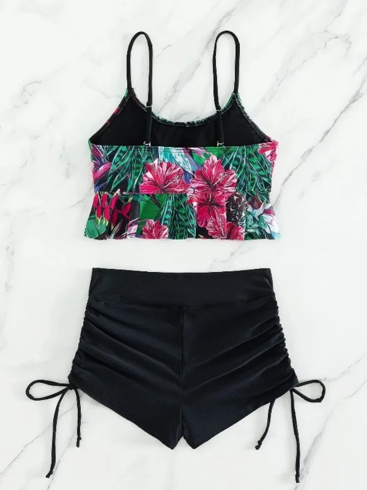 Bikini con tiras 2025, traje de baño de cintura alta para mujer, pantalones cortos con volantes y estampado de flores, traje de baño para mujer, ropa de playa
