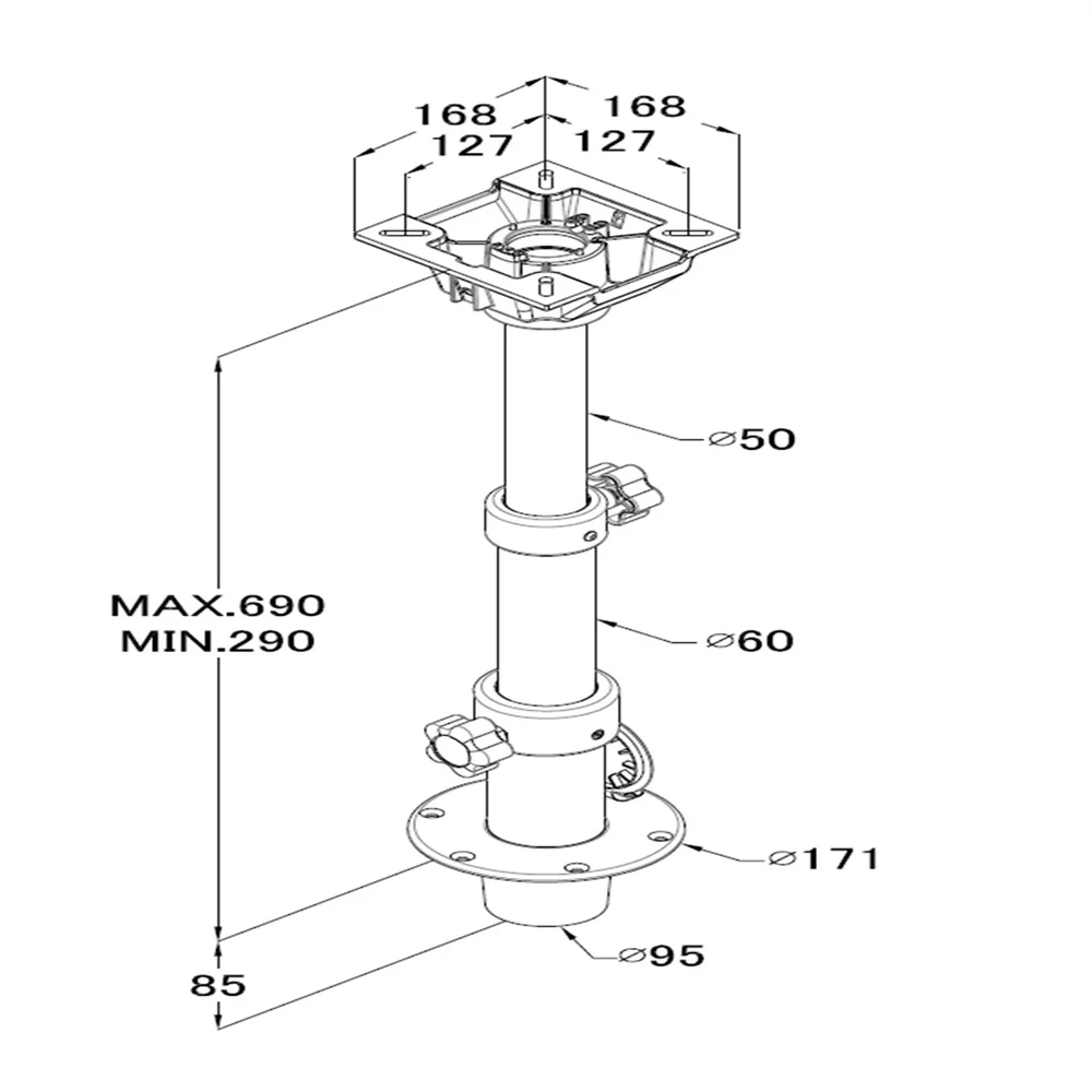 Aluminum Stowable 3 Stage Table Pedestal Base Mount 290-690mm Marine Boat Yacht