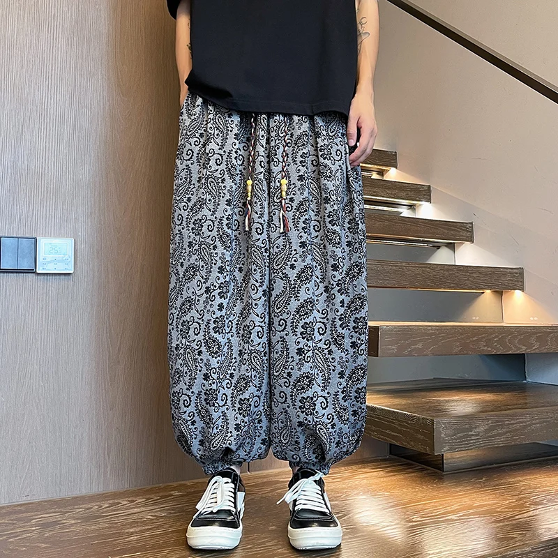 

Ice Silk Men's Summer Loose Casual Sports Pants Elastic Waist Drapey Long Trousers Comfortable Breathable Printed Bloomers Pants