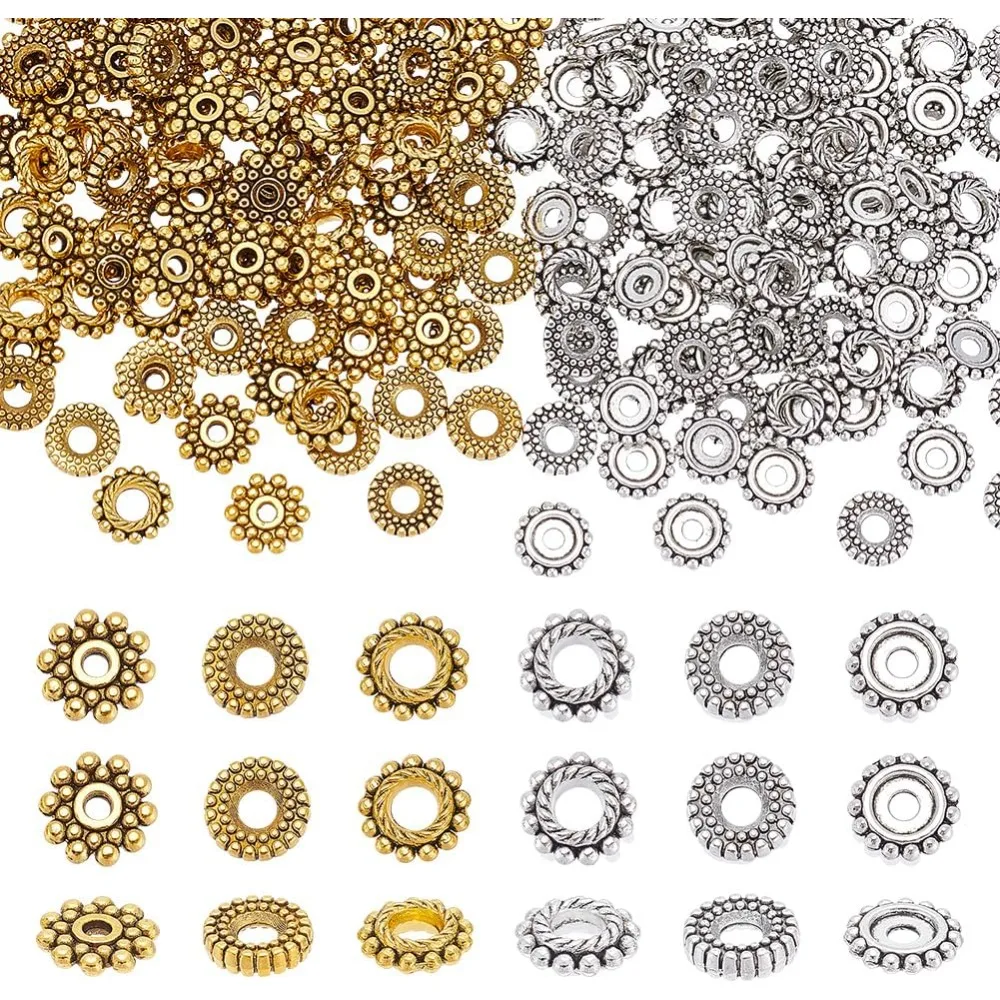 

250pcs 3 Styles Large Hole Spacer Beads 8mm Rondelle Beads Metal Loose Spacer Flat Round Bead for Bracelets Necklaces Earrings