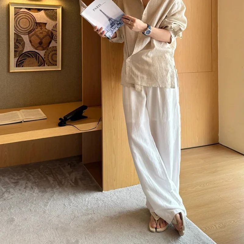 Light Luxury High-End Old Money Style White Tencel Linen Pants Men's Summer Wide-Leg Pants Relaxed Casual Pants