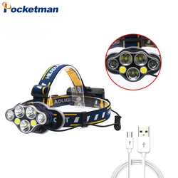 Potente linterna frontal led recargable por USB, 7 LED, Faro de pesca, 8 modos, linterna frontal impermeable para acampar