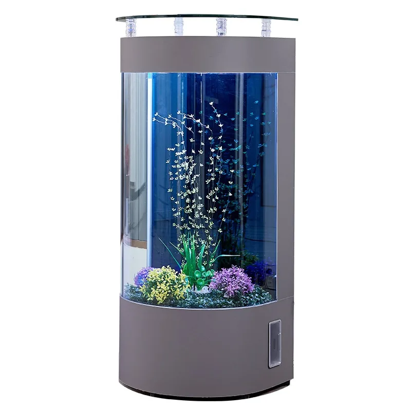 

Light luxury fish tank living room small household TV cabinet next to semi-circular floor-to-ceiling glass aquarium ecological