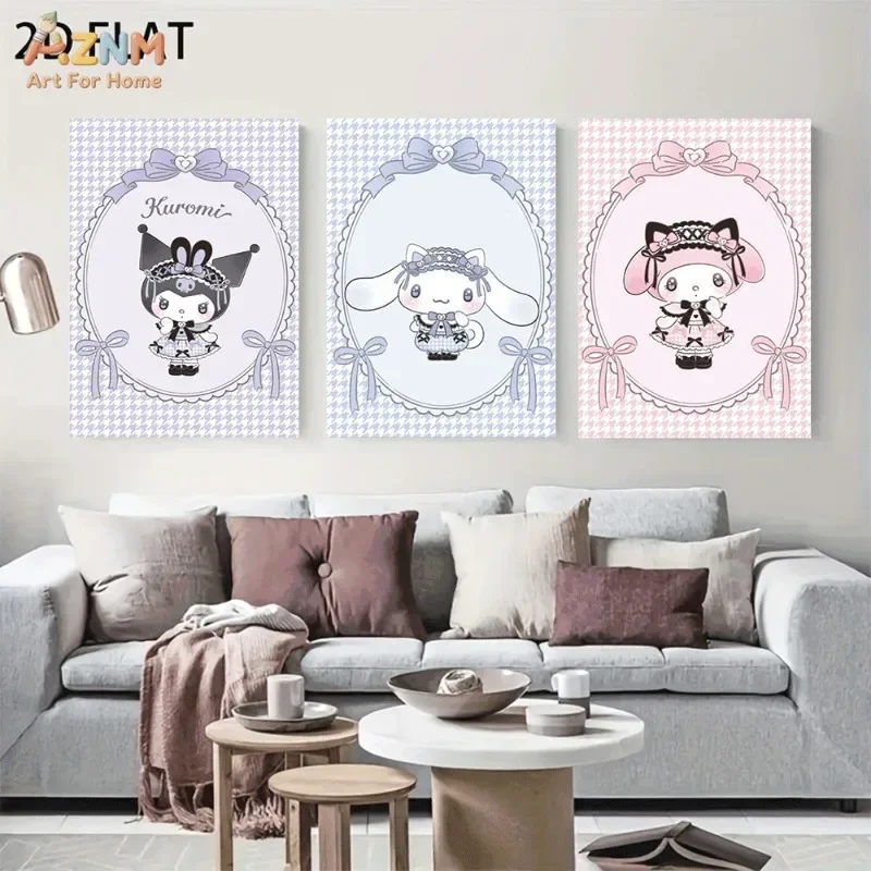 AZNM Unframed Canvas Wall Art Kuromi Cinnamoroll My Melody Houndstooth Bow Lace Sanrio Cartoon Poster Purple Blue Pink Kawaii