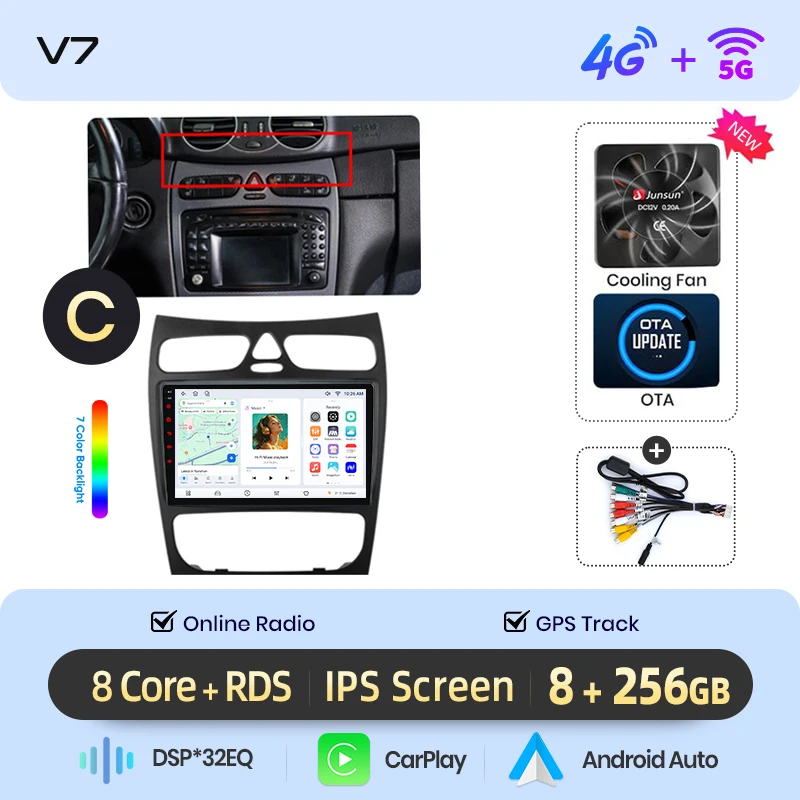 Junsun draadloze CarPlay Android Auto autoradio voor Mercedes-Benz C-Klasse (W203) / CLK-Klasse (C209/A209) 2000-2009 met ingebouwde koelventilator, Android GPS navigatie, multimediaspeler, WiFi, DSP,