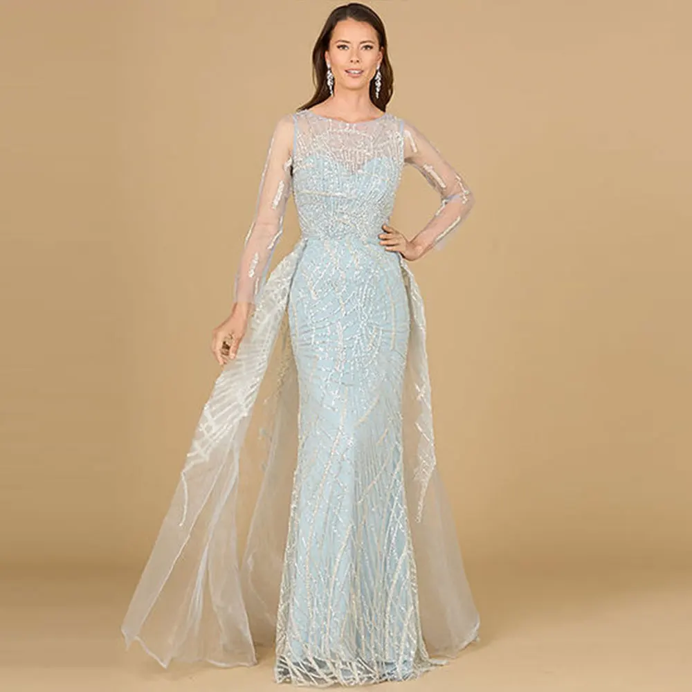 Precioso vestido de noche personalizado de sirena, apliques de manga larga, cuello redondo, tren de barrido, cremallera trasera, Vestidos clásicos Para Eventos