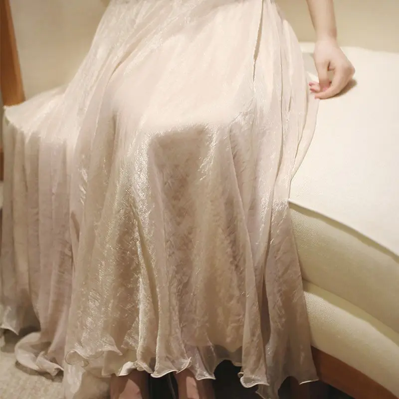Luxury Women Boho 2 Layer Faux Silk Maxi Skirt Elastic High Waist Beach Long Skirt Summer Chiffon Ruffle Party Wedding Gown Lady
