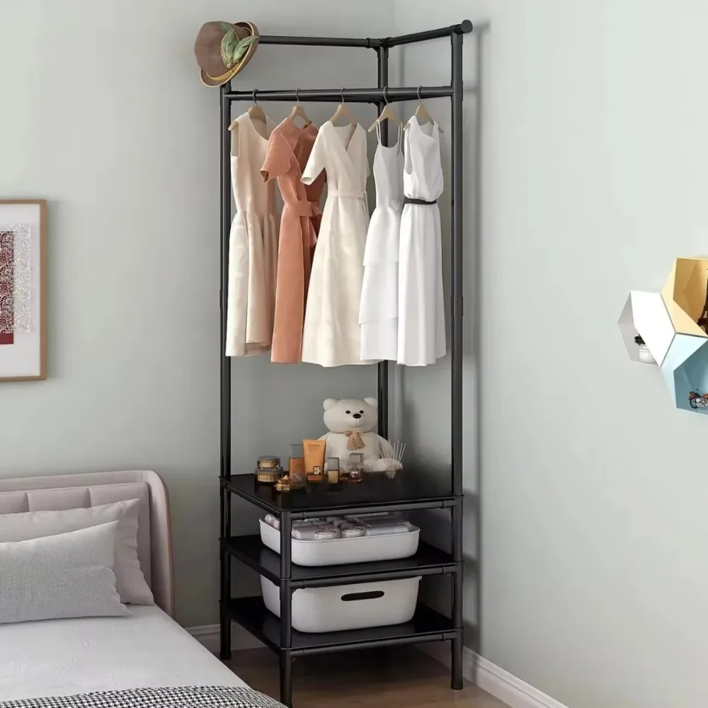 2 in 1 Corner Coat Rack Bedroom Standing Clothes Racks Nightstand Clothing Storage Shelf Household Simple Hanging Clothes Stand