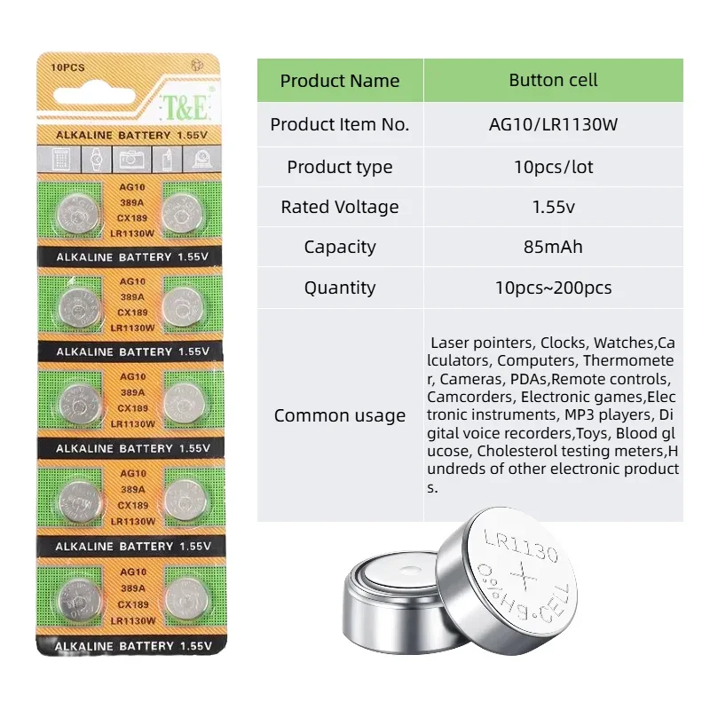 top10-200Pcs AG10 LR1130W Batteries 389A LR54 L1131 SR1130 1.55v High Capacity Button Cell Coin Battery for Watches Calculators