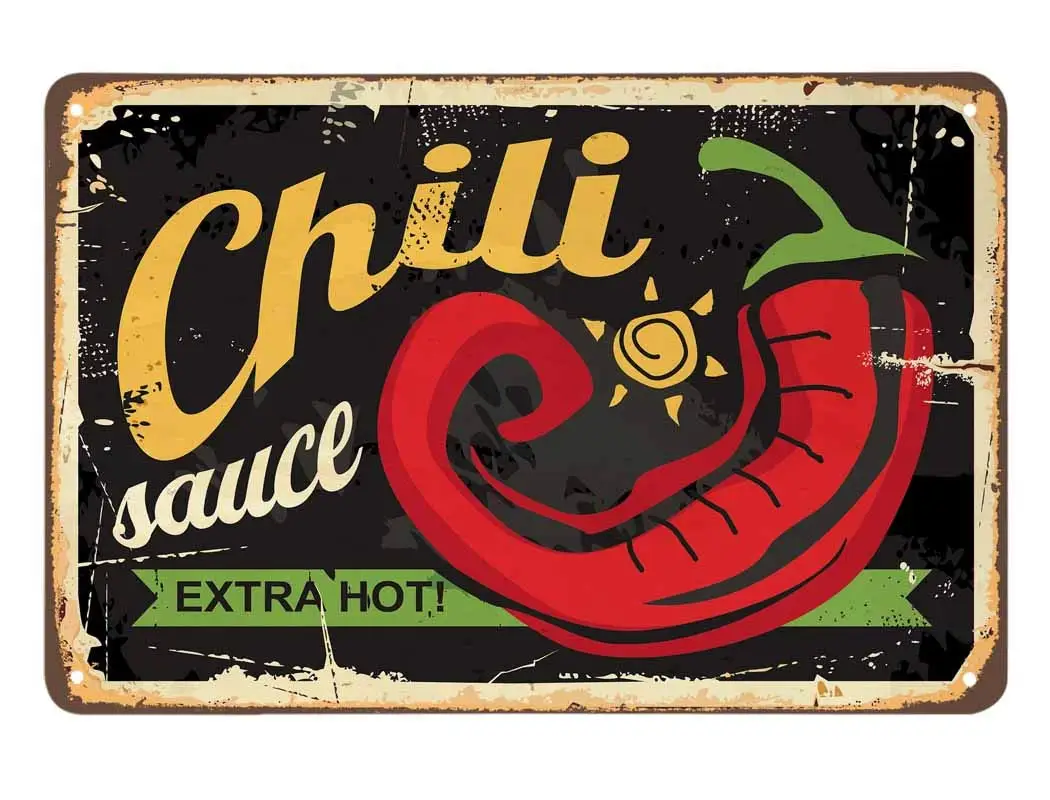 Chili Sauce Poster Tin Sign,Extra Hot Chili Vintage Metal Tin Signs for Cafes Bars Pubs Shop Wall Decorative Funny Retro Signs