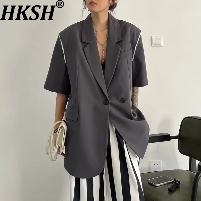 

HKSH 2025 летний новый женский пиджак с зубчатым воротником и короткими рукавами, двубортный контрастный цвет, модное элитное тонкое пальто HK13505