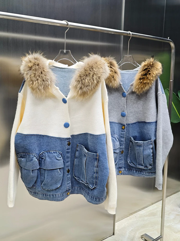 

2025 Women Autumn Natural Real Raccoon Fur Denim Jacket Sweater Oversize Coat Fur Decoration Lady's Fashion Cardigan