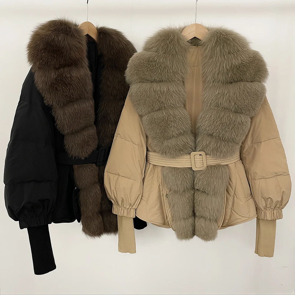 OFTBUY Fur Jacket Thick New Autumn Winter White Duck Down Coat Warm Female Belt Natural Fox Fur Fluffy Puffer Jacket Women