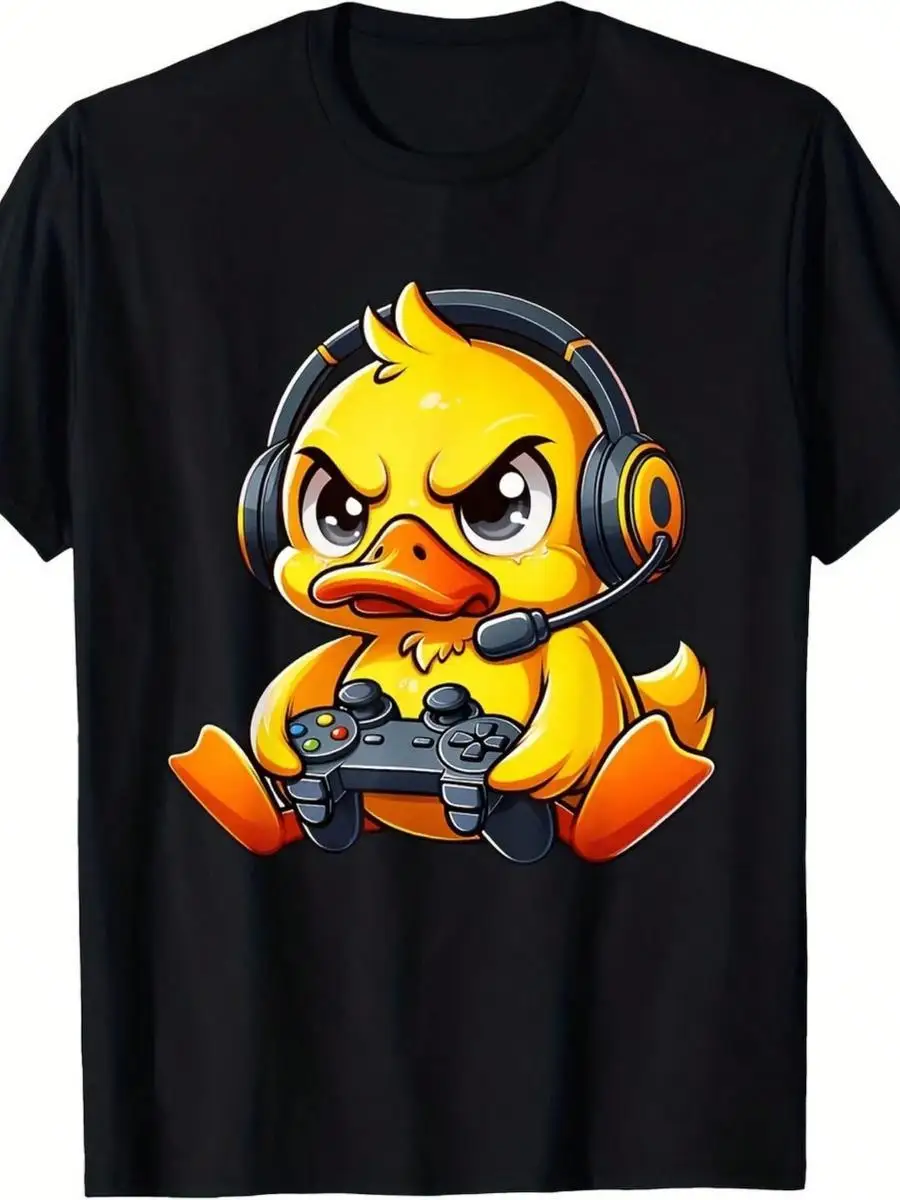 180GSM Pure Cotton Printed T-Shirt With Funny Duck Gamer Headphones Controllers Retro Gaming Graphic Knitted Craft Breathable Soft Durable Easy T