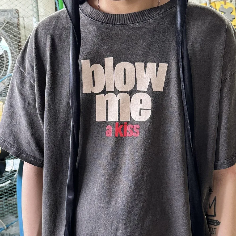 

GRAILZ Slogan Lip Print Logo Distressed Men's & Women's Oversized Crew Neck Summer Short-Sleeve T-Shirt