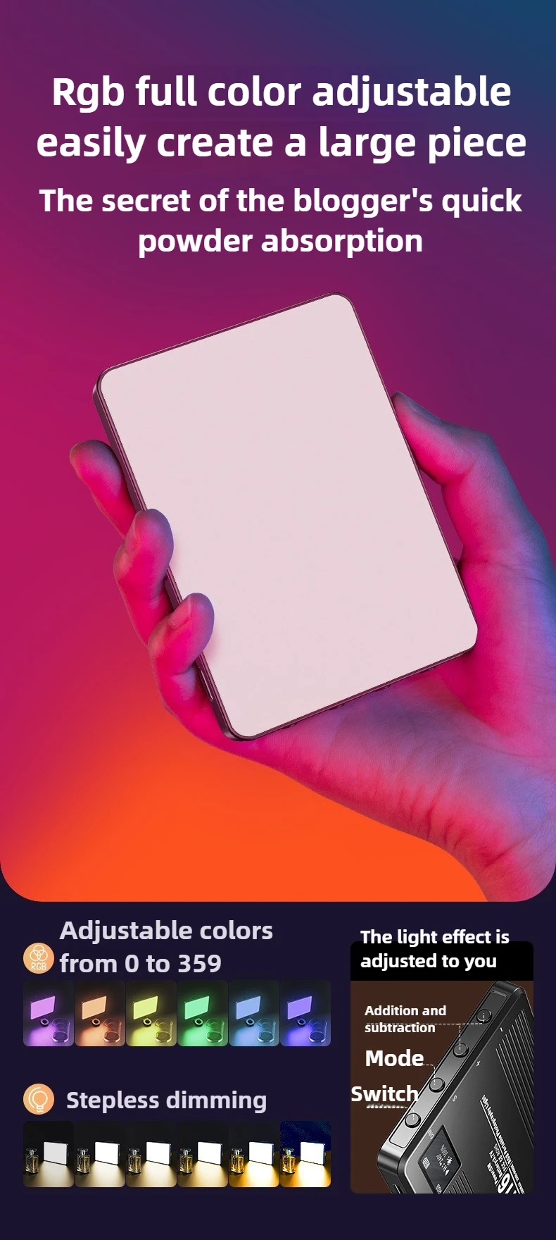 RGB Phone/Photography Selfie Fill Light Portable Pocket Lamp with Phone Holder for Video Recording Vlog Shoot Fill Studio Lamp