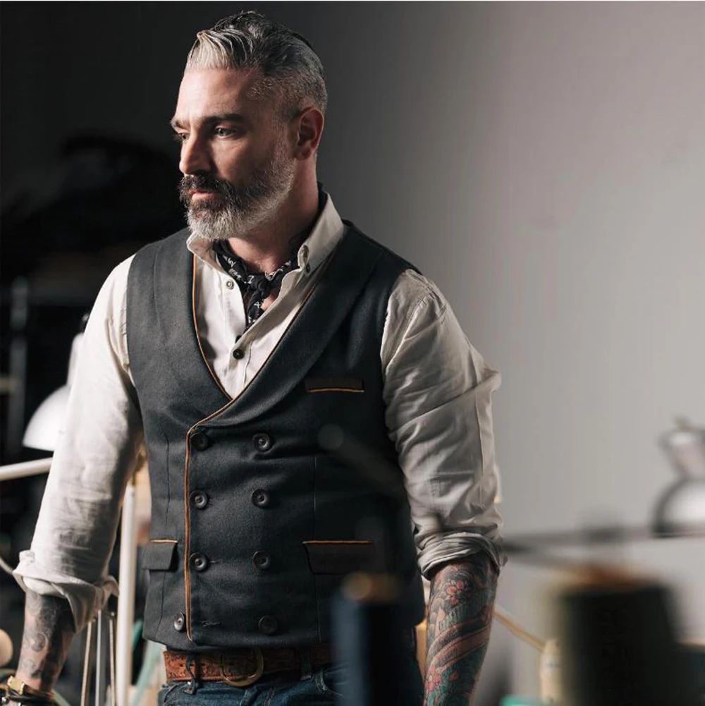 

Original L71780 Retro European and American Men's Lapel Double Button Groom Suit Vest Men