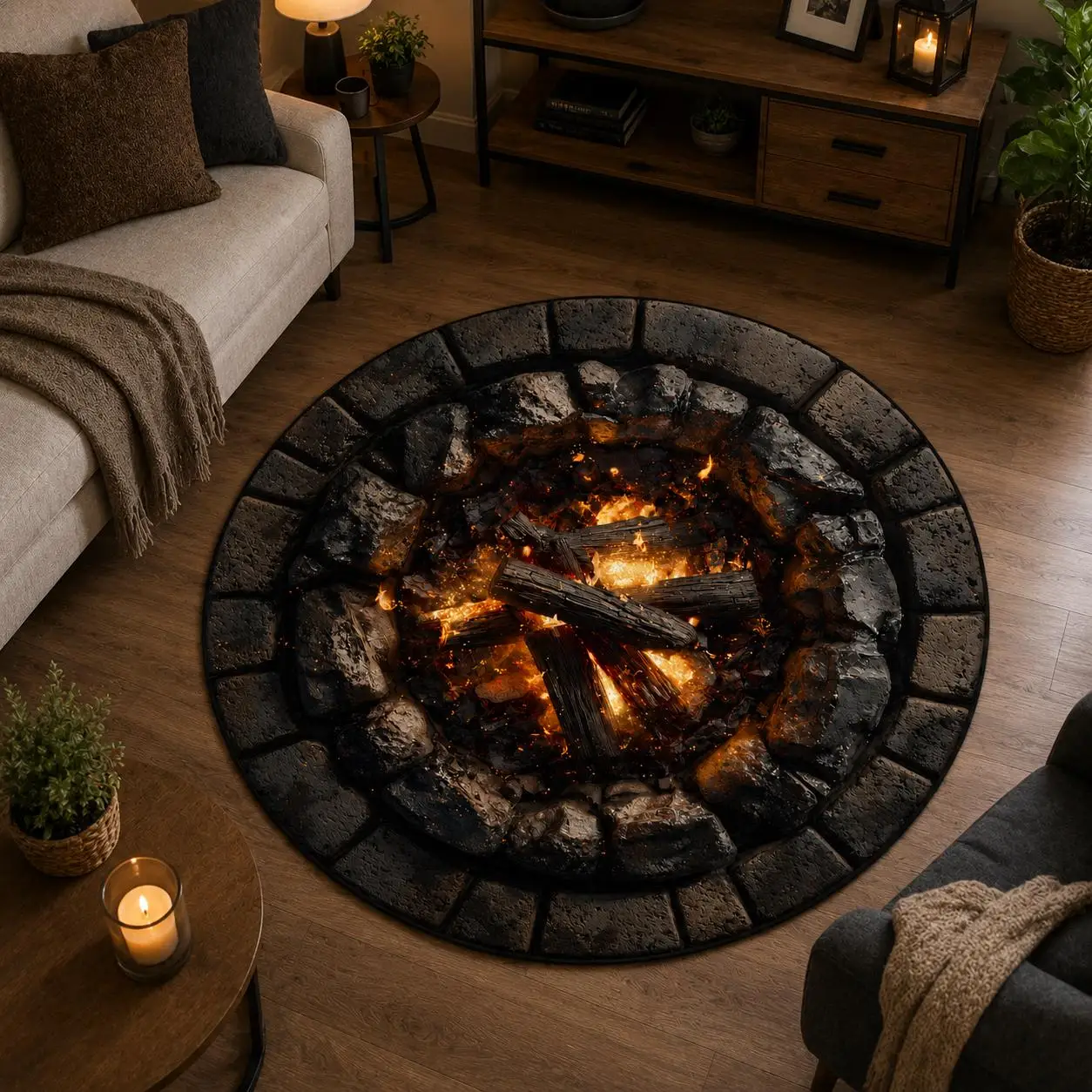 Burning Campfire Pit Round Rug Home Decor Entrance Cloakroom Study Room Bedroom Living Room Floor Mat Area Rug House Mat