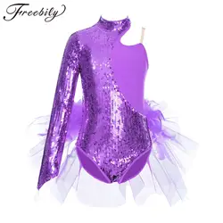 Kids Girls Tulle Skirted Tutu Ballet Leotard Sparkly Sequins Children Gymnastics Bodysuit Dance Jumpsuit Teens Skating Costume