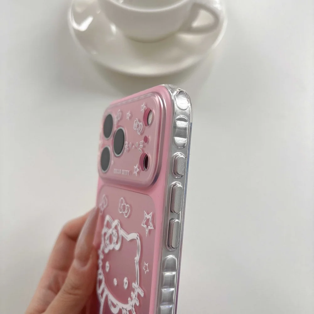 Cute Cartoon Pink Silver Bottom Star KT Head Phone Case for IPhone 15 Pro 16 17 Pro Max Shockproof Camera Protective Back Cover view 5
