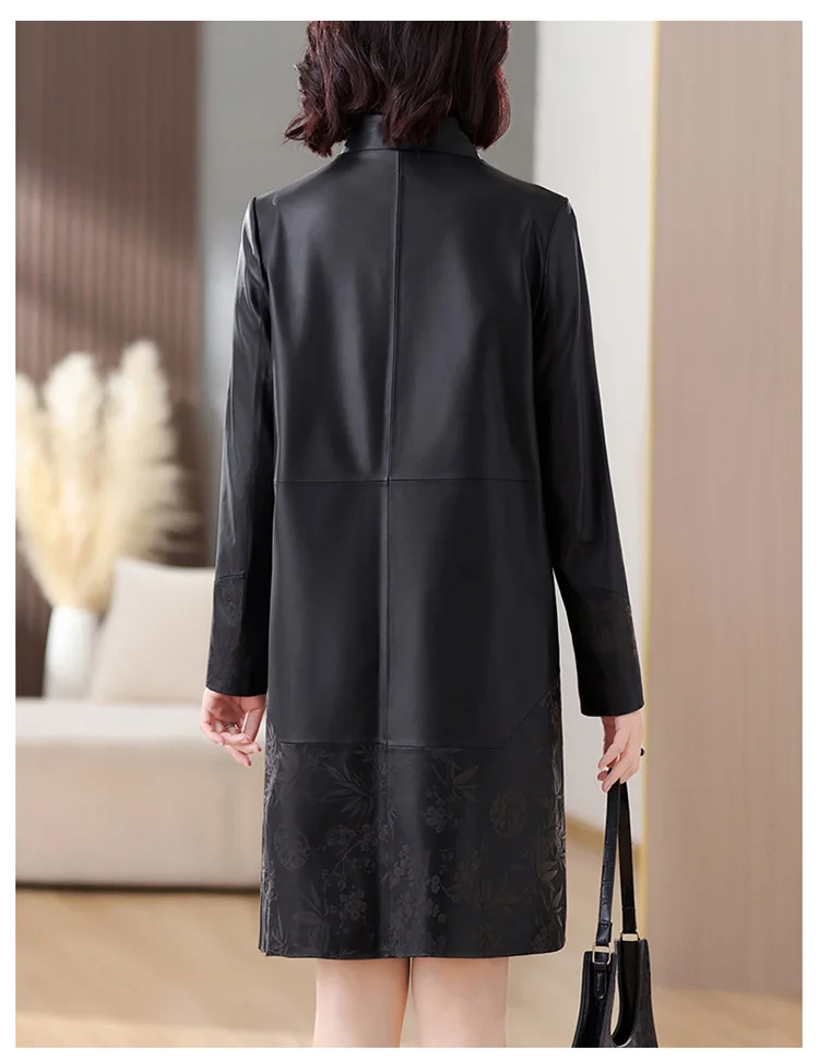 Black Coat Women\'s 2023 Autumn/Winter Chinese Style Retro Button Printed Mid length Windbreaker