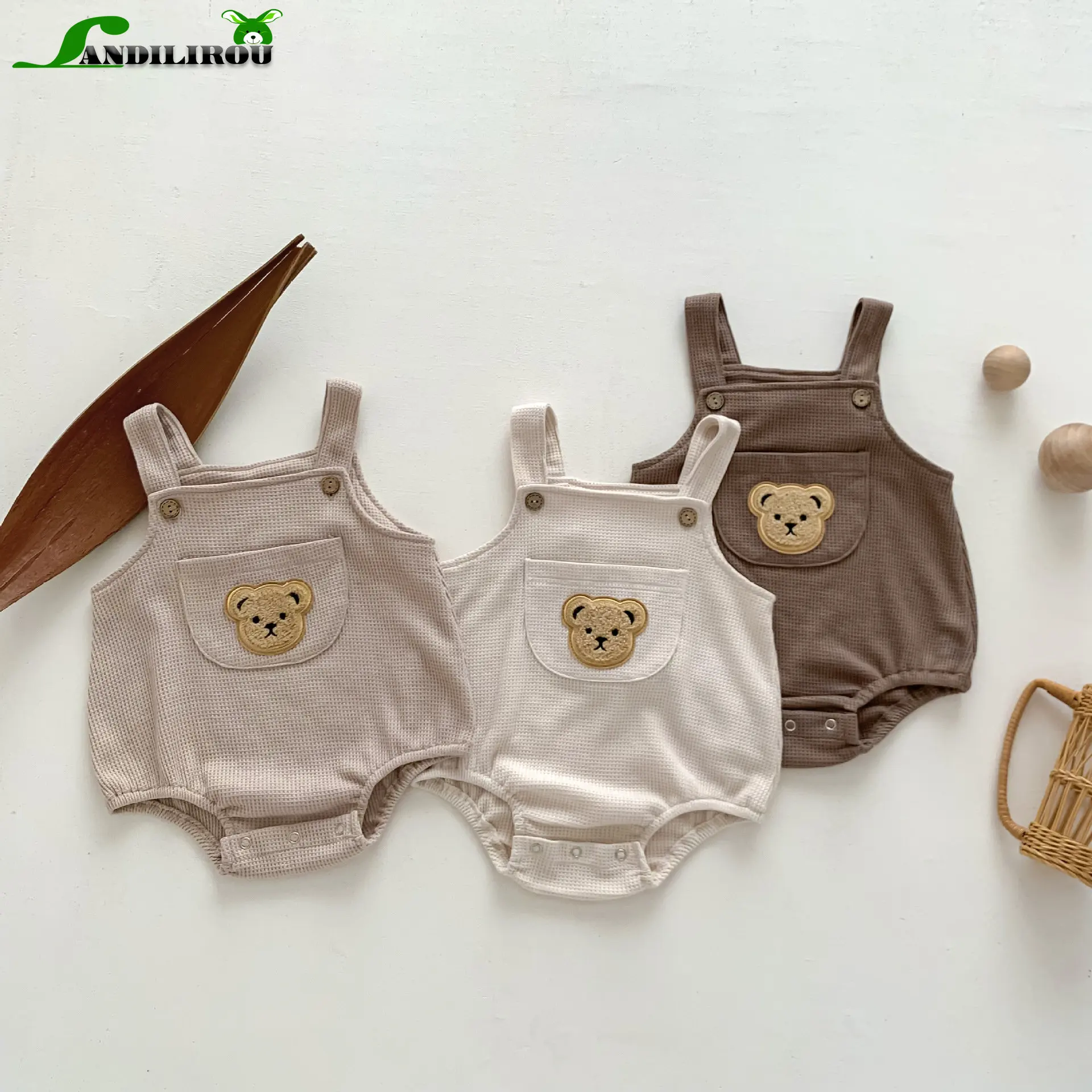 Infant Kids Cotton Clothing Set 2pcs 유아복 Baby Girls Boys Summer Short Sleeve Solid Top T-shirts Strap Pocket Bear Bodysuits