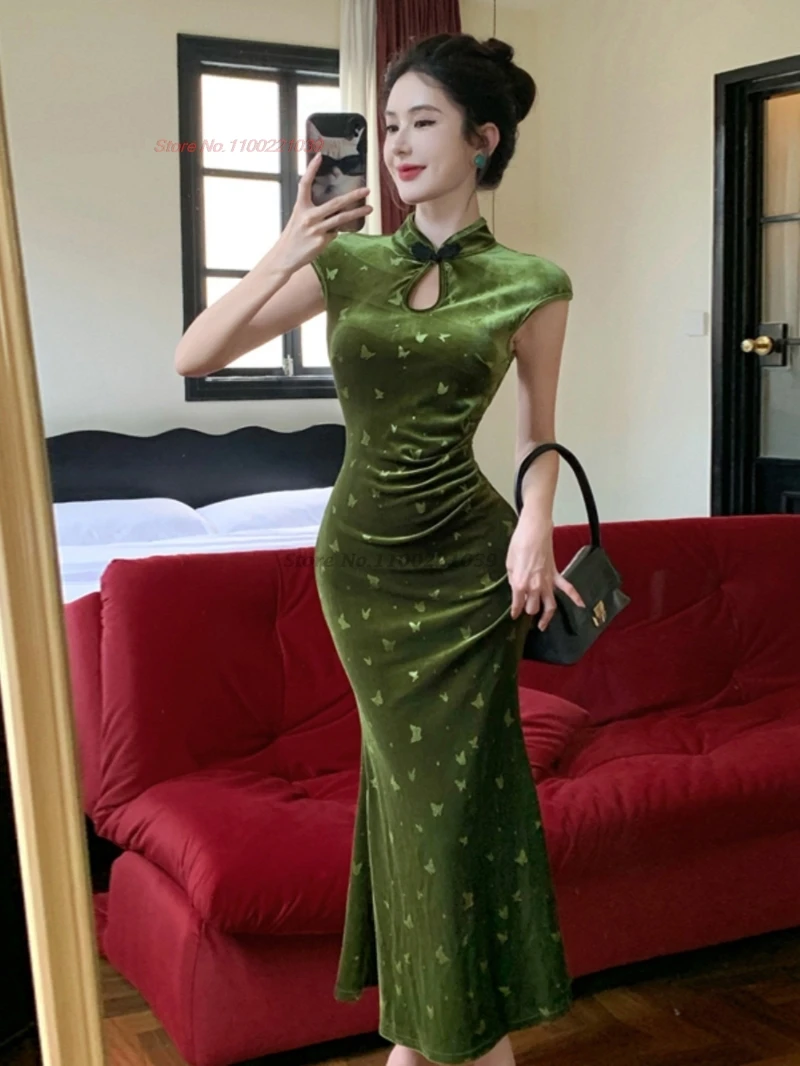 

2025 восточное винтажное платье для ночного клуба, улучшенное бархатное платье Cheongsam с традиционным тиснением, без рукавов, Ципао, банкетное вечернее платье