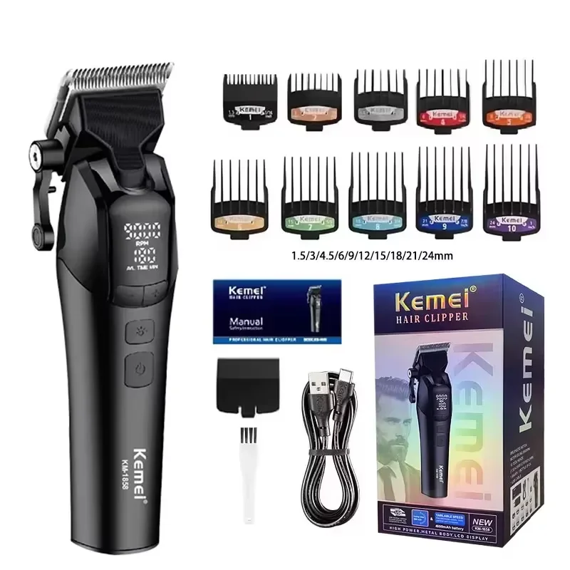 

Kemei KM-1858 Профессиональные коммерческие электрические машинки для стрижки волос Парикмахерская машина с лезвием DLC Перезаряжаемый мужской триммер для волос