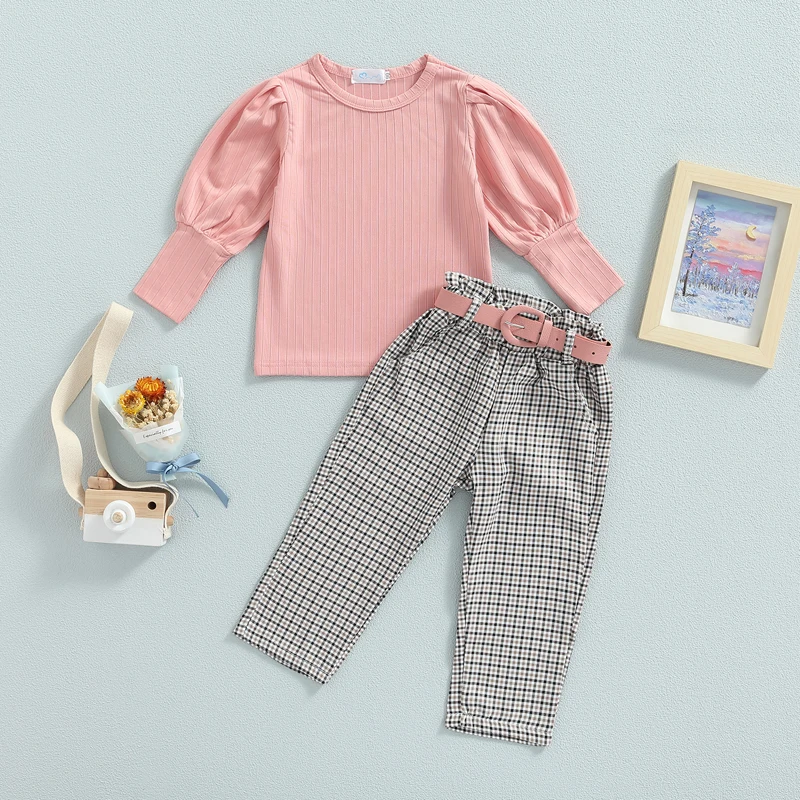 1-6Y bambini bambini ragazze 3 pezzi abiti tinta unita a coste girocollo manica lunga t shirt top Plaid pantaloni lunghi cintura Set