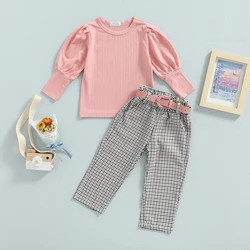 1-6Y bambini bambini ragazze 3 pezzi abiti tinta unita a coste girocollo manica lunga t shirt top Plaid pantaloni lunghi cintura Set