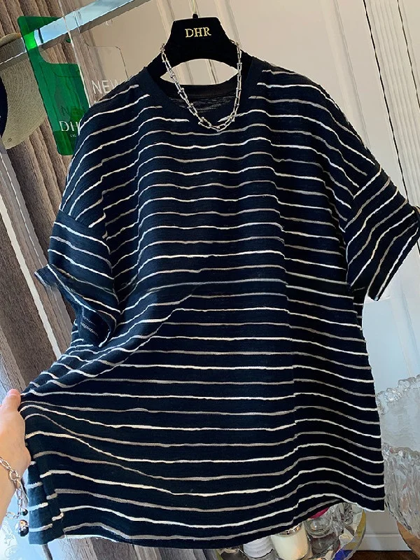 

plus Size Women's T-Shirt Striped Loose Fit Short Sleeve Breathable Summer Top Vintage Style Base Layer Shirt Female Summer