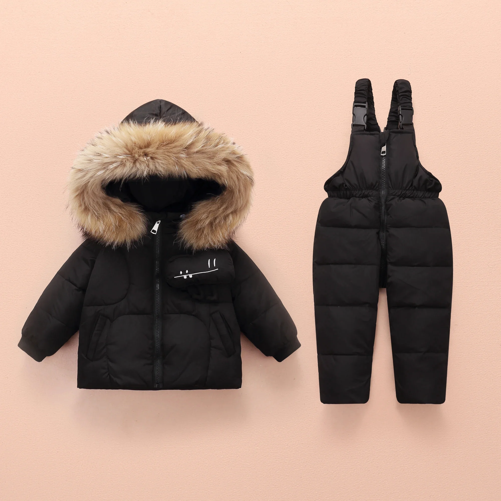 Suits Girl Children Winter Overalls With Toy Baby Jumpsuit Boy Duck Down Parka Coat Fur Collar Hooded Windproof Jackets Clothes