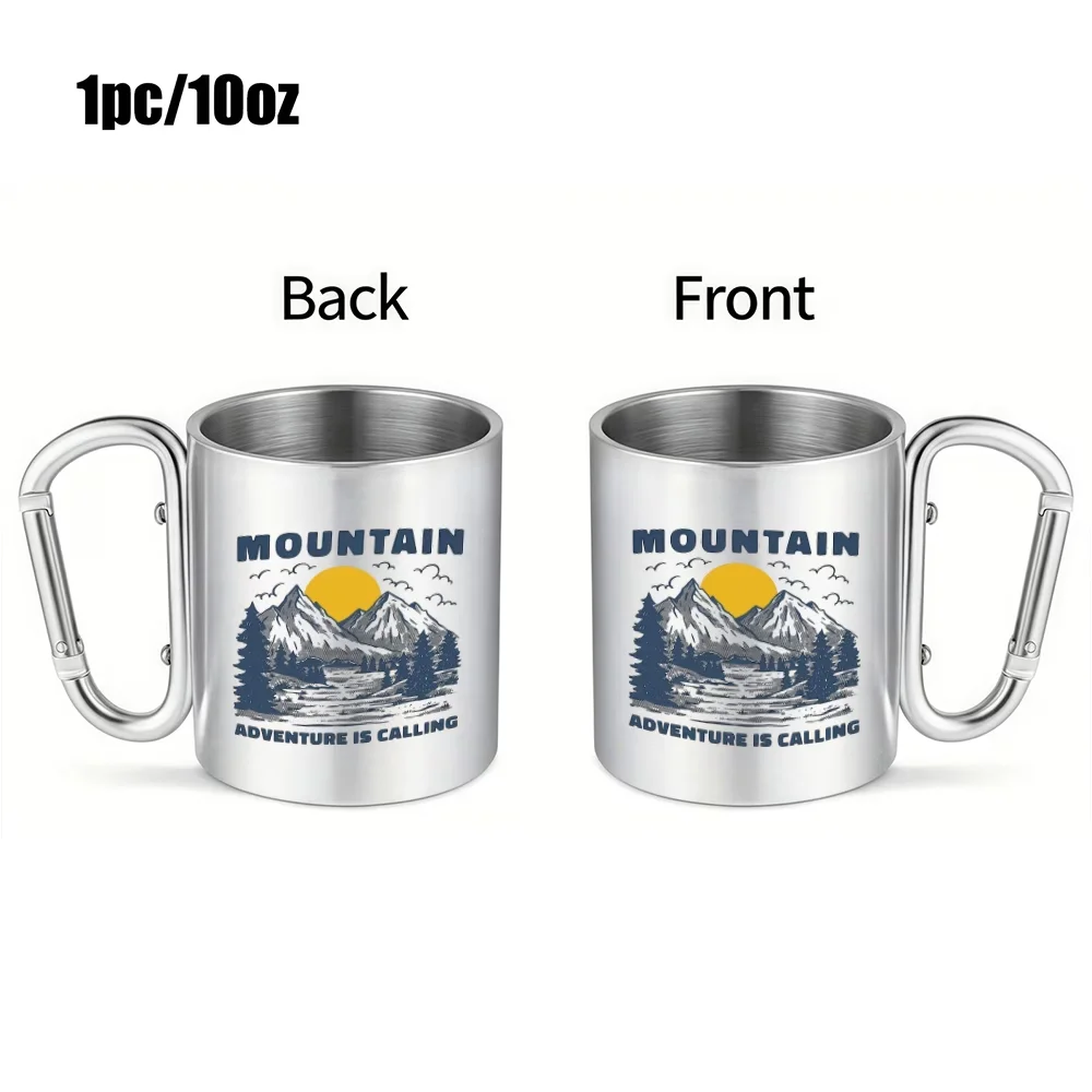 1pc 10oz Mountain Adventure Mug, Double Wall Insulated Stainless Steel Cup with Carabiner, Ideal for Camping Hiking