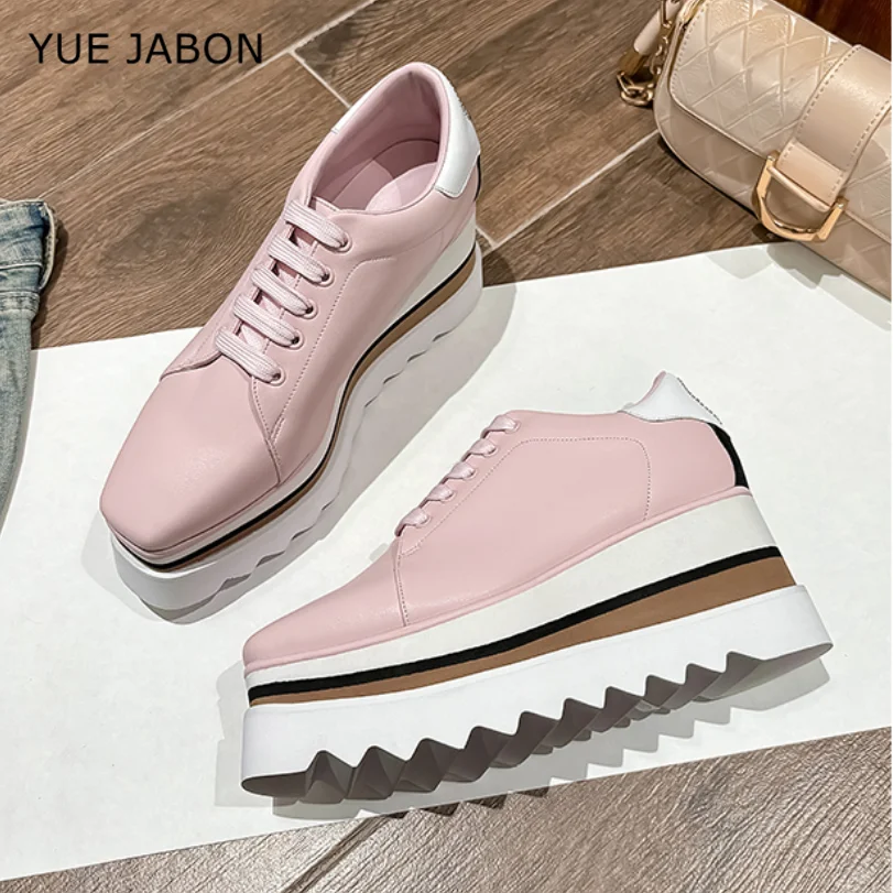 

Punk Style Women Shoes Lace-up 8CM heel Platform Shoes Thick-soled Sneakers Real Leather Woman Casual shoes comfort shoes Pink