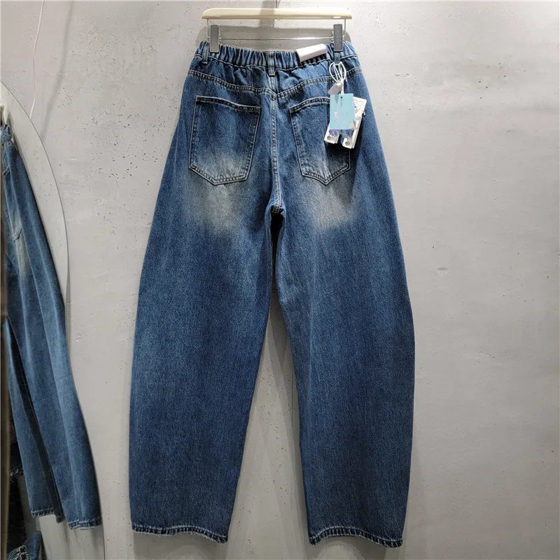 2026 New Autumn Vintage Loose Blue Denim Trousers All-match Elastic Waist Solid Color Floor-length Straight Jeans Casual Pants
