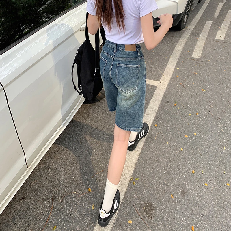 High waist loose straight denim shorts female 2024 summer new thin versatile casual wide-legged trousers five points