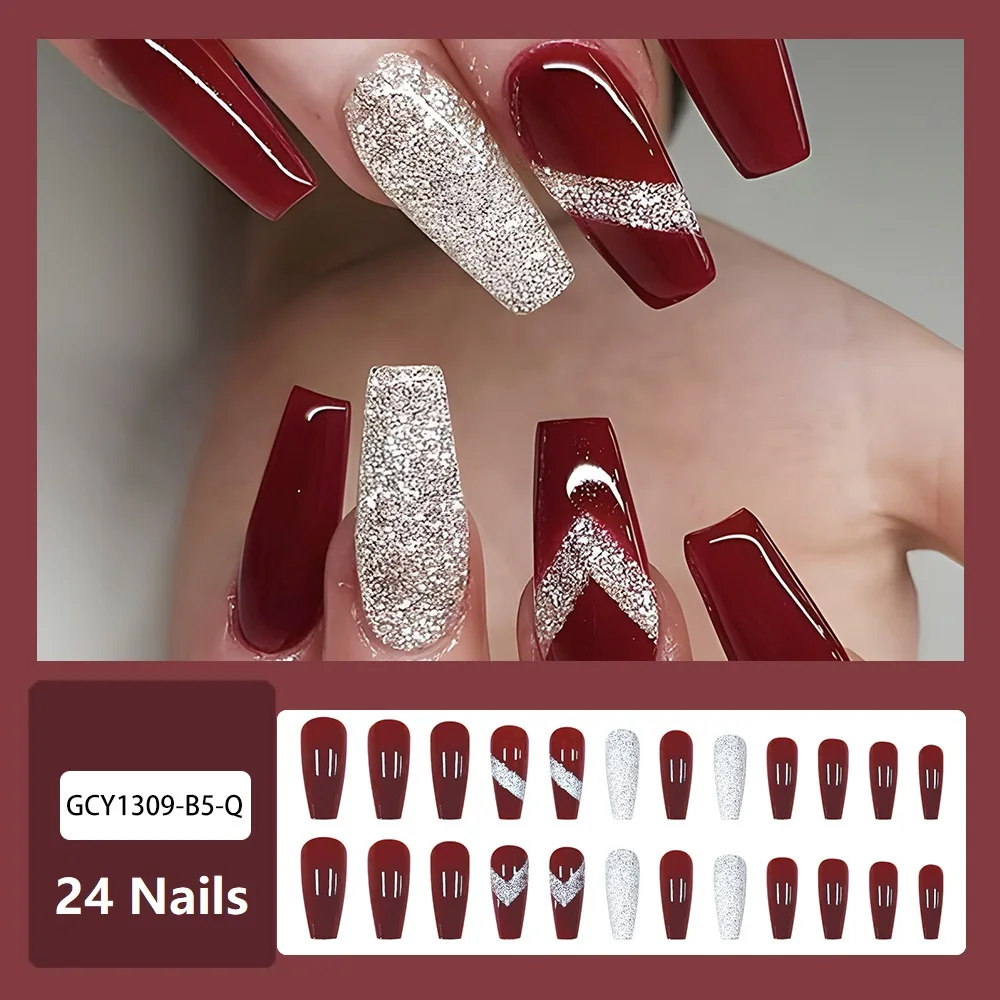 플래시 파우더 프레스온 네일 롱 코핀 가짜 손톱 와인 레드 디자인 아크릴 반짝이는 골드 스파클링 와인 레드 디자인 인조 손톱