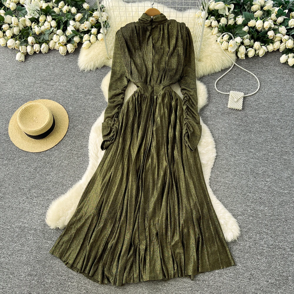 Chic vintage long sleeve pleated Elegant Fairy office lady hotsweet Sundress women clothing A-line dress