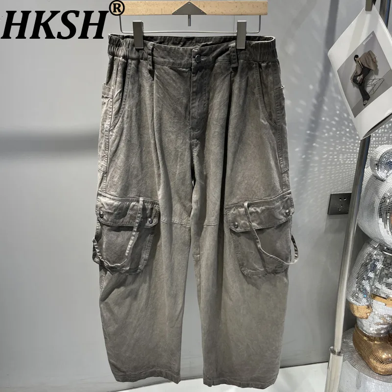 

HKSH Spring New Men Heavy Washed Retro Safari Style Multi-Pocket Casual Straight Trendy Brand Loose Wide-Leg Cargo Pants HK19004