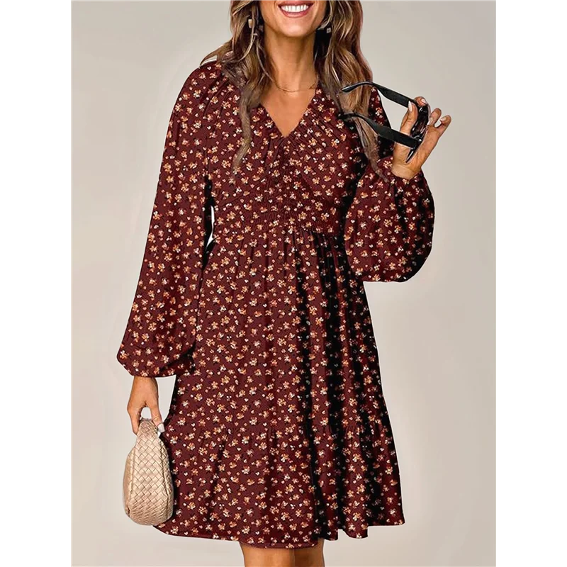 Sukienka mini w stylu boho z kwiatowym wzorem, dekoltem w serek, długim rękawem, elastyczną talią i marszczeniami, idealna na jesień, codzienna, rozkloszowana, letnia sukienka na lato.
