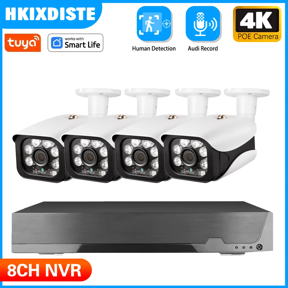 

8CH 4K 8MP Tuya Smart POE Комплект аудио-видео наблюдения Монитор NVR IP-камера CCTV Безопасность Металлический корпус Система обнаружения человека