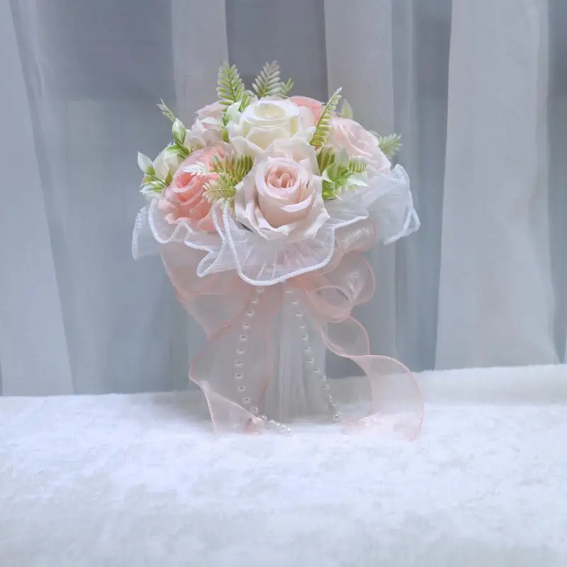 Baby's Breath Romantic Wedding Bouquets Artificial Silk Flowers Exquisite Bridal Bouquet Ribbon Pearl Lace White Rose Bouquet