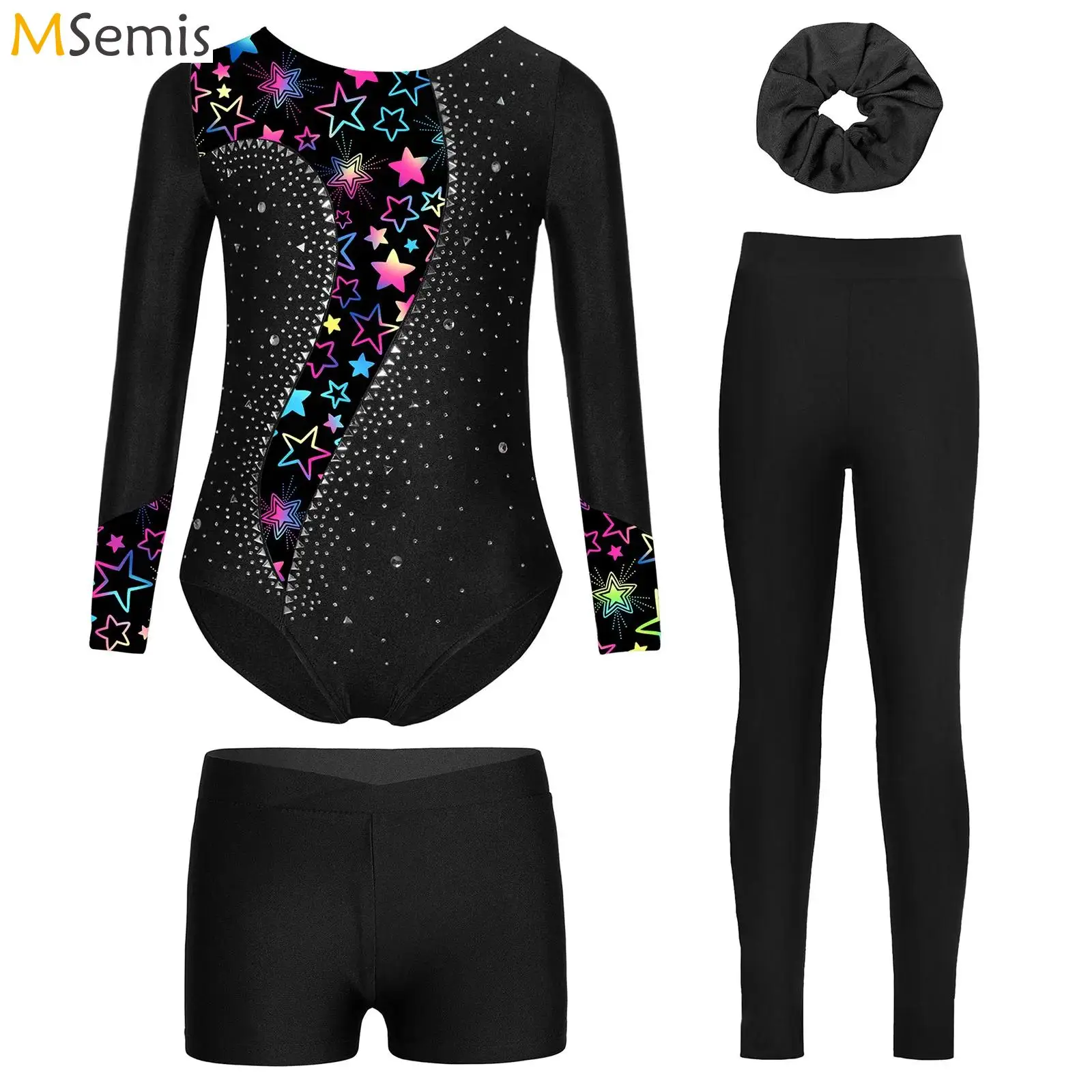 Conjuntos de baile y gimnasia para niños y niñas, traje deportivo, leotardo de manga larga con diamantes de imitación, pantalones cortos, mallas y diadema