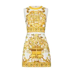 Vestido corto de verano de pasarela para mujer, cuello redondo, sin mangas, amarillo, azul y blanco, estampado de flores de porcelana, vacaciones, Mini Vestidos