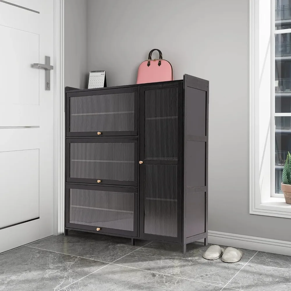 خزانة تخزين من 4 طبقات مع أبواب قابلة للطي، خزانة أحذية من الخيزران الروطان مع باب شفاف للممر، غرفة المعيشة، 100 * 33 * 110 #2