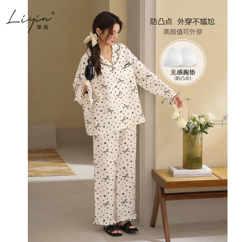 

Комплект женской пижамы: хлопковый, с длинными рукавами, теплый зимний, модный домашний костюм, милый и мягкий пижамный комплект