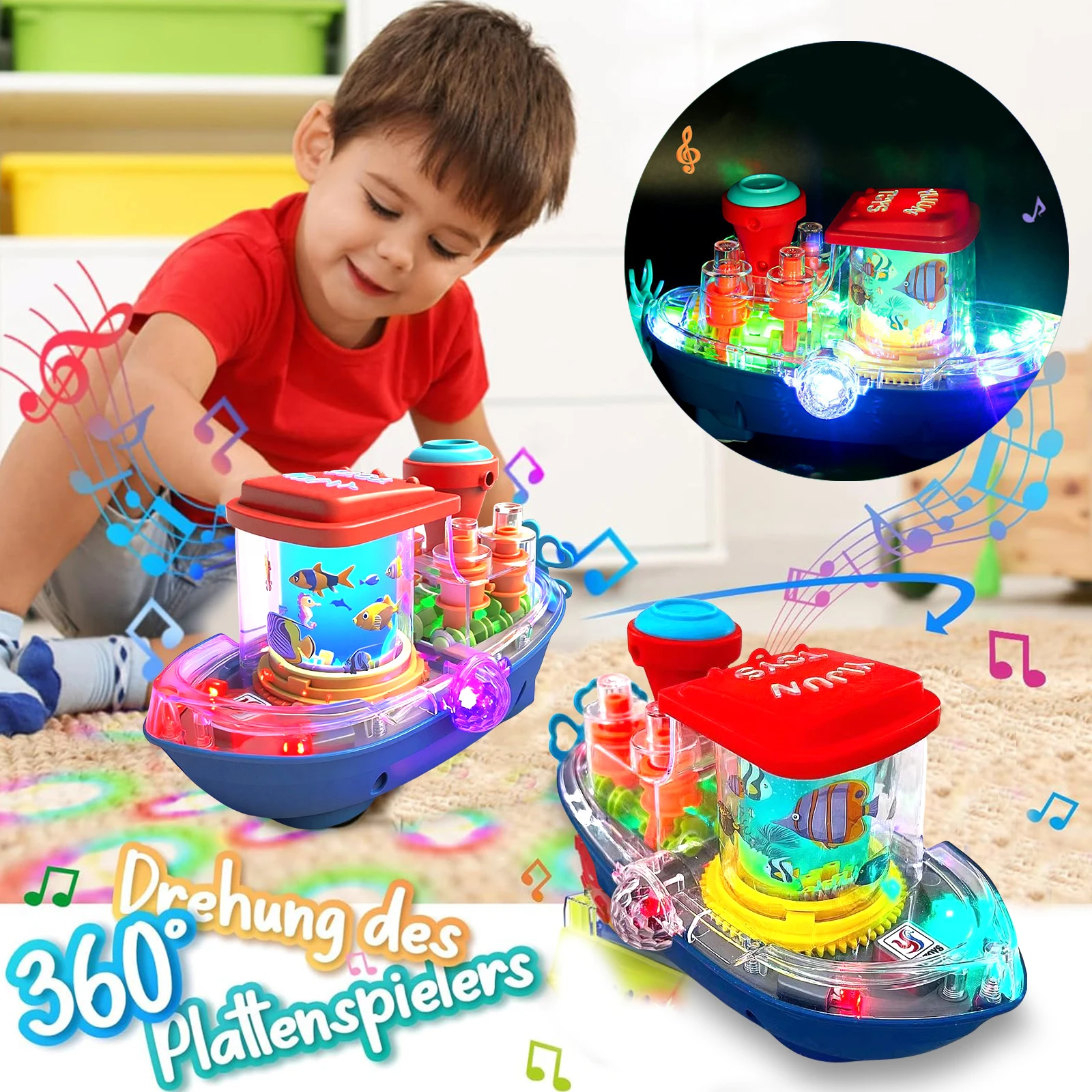 Children's Electric Gear Boat Toy with Colorful Lights Transparent Design Rotating Gears Educational Fun Gift Toy